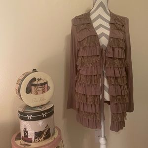 Be You Boutique Taupe Lace Tiered Long Sleeve Tie Front Cardigan Medium